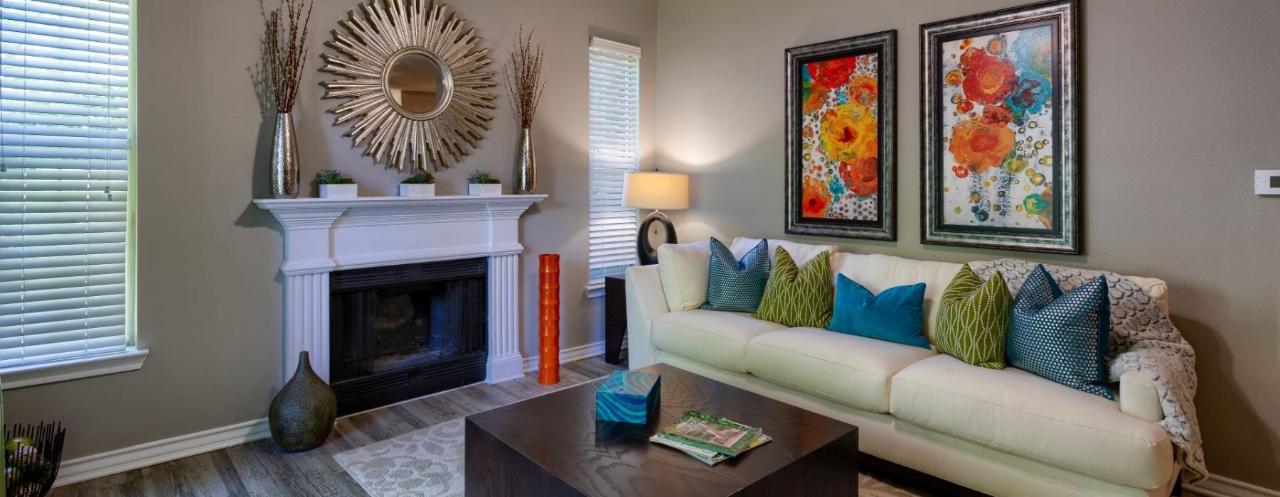 a living room with a fireplace